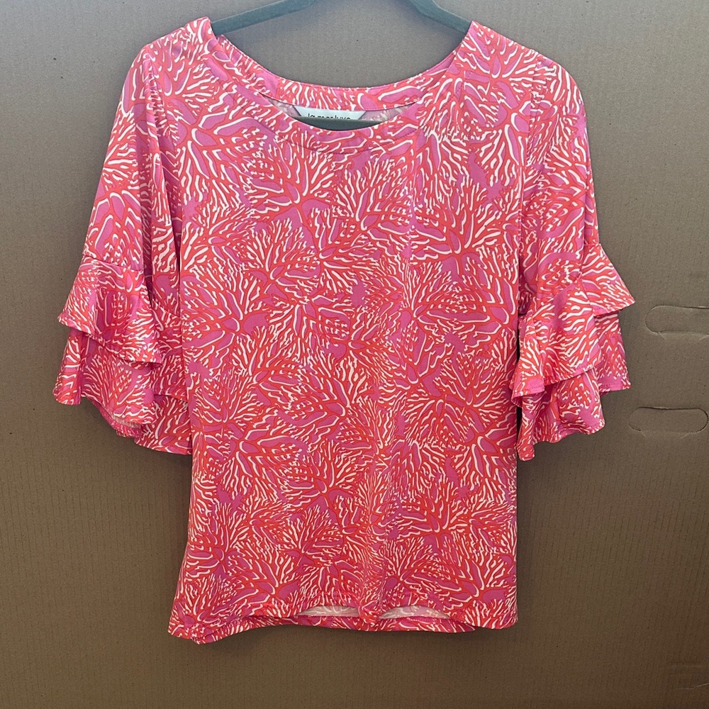 Flutter Sleeve Printed Blouse in Coral Pink
